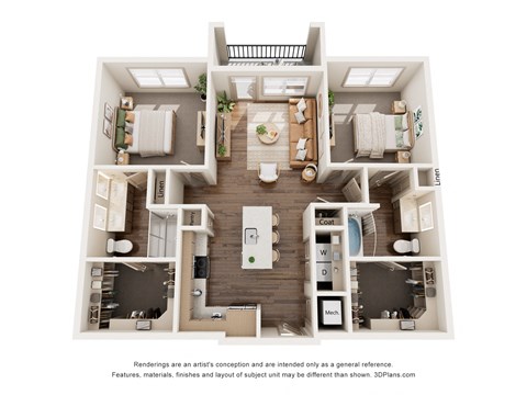 Floor plan for 2 beds, 2 baths, 1098 sqft